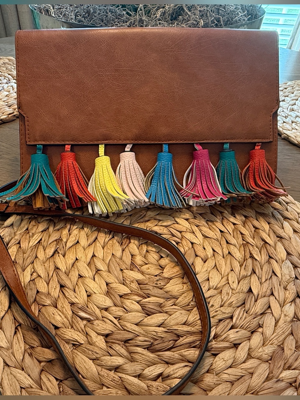 Brown Crossbody Clutch with Multicolor Tassels